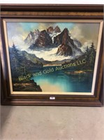 Framed oil on canvas mountain scene