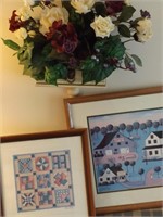 TWO FRAMED PRINTS & ANGING FLORAL DISPLAY