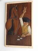 CARVED WOOD PICTURE MAN & HORSE