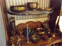 TWO SHELVES BRASS CANDLESTICKS, BOWLS & MORE