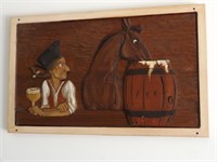 CARVED WOOD PICTURE MAN & HORSE DRINKING