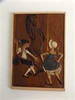 CARVED WOOD PICTURE DANCING MAN, WOMAN, HORSE