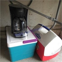2 Igloo coolers, Mr. Coffee coffeemaker