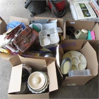6 boxes kitchen pans, plastic, pie plates, etc