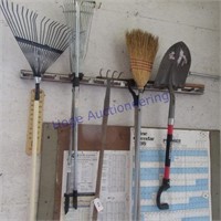 Garden hand tools--rakes, broom, scratcher,