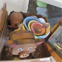 Wood pig, mini pig pail, framed picture, bowls