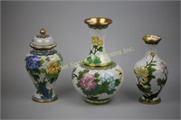 TWO CLOISONNE CHINESE VASES AND A GINGER JAR