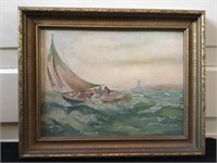 Nice antique oil on board of Sailboat at Sea.