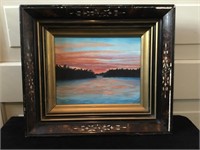 Oil on board of Sunset on Northern Lake in an
