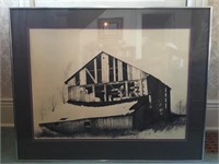 Large, modern sketch of a barn. Framed, Unsigned.