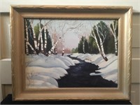 Framed oil on board of Winter Creek, signed G.