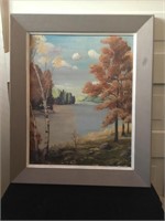 Framed oil painting on board of Lake in the