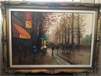 Large framed oil painting of Parisian street