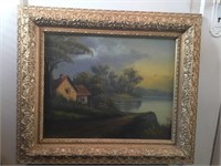 Framed oil on board of Cottage on Lake. 15 1/2“ x