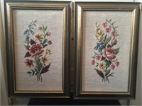 Pair of framed needlepoints. Floral print. 19