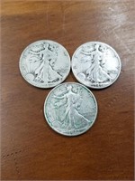 3 WALKING LIBERTY SILVER HALF DOLLARS