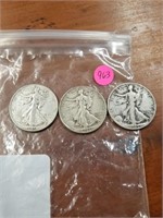 3 WALKING LIBERTY SILVER HALF DOLLARS