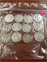 12 WALKING LIBERTY SILVER HALF DOLLARS PARTIAL SET