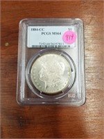 1884 CC GRADED MORGAN SILVER DOLLAR PCGS-MS64