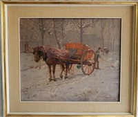 Ottorino I Campagnari Horse Cart Snow Scene Oil