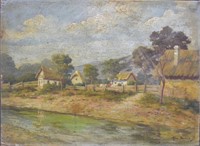 Antique Oil on Board Village Scene Landscape