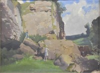 ca. 1920 Yorkshire Crags O/B Landscape w/ Figures