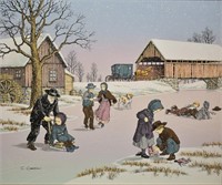 C. Carson Amish Ice Skating Scene Serigraph