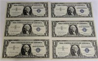 6 Blue Seal $1 Bills 1957 Series