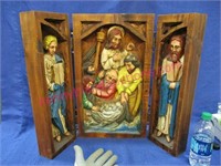 vintage triptych religious carved panel (heavy)