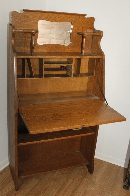Vintage Tiger Oak Secretary Desk With, Antique Oak Secretary Desk With Mirror