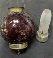 Antique Victorian Ruby Red Hall Hanging Oil Lamp