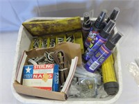 Tub of tire gloss, screws and nails
