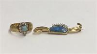 OPAL & DIAMOND PIN & RING SET , 14KT YELLOW GOLD