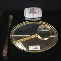 Decorative Mirrored Tray with Magnigfying Glass