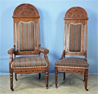 Pair of Carved Oak Deacon's Chairs w/ Arched Crest