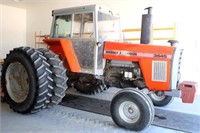 84-87 Massey Ferguson 3545, diesel, cab, 3-pt, 2-pr rem, ft wts, duals.  NOTE:  Several yrs ago, this tractor had a cab fire before Ron purchased it. Wire gauges, etc were replaced to make it in good working order.  It is not pretty, but it works/runs fine (view 1)