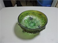 Green Carnival Glass Footed Bowl, 7.5"D
