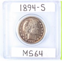 Coin 1894-S Barber Quarter Uncirculated, Cleaned