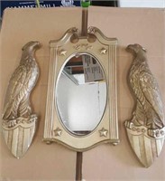 Vintage Framed Mirror & (2) Eagle Wall Hangings-