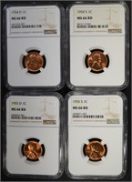 1954-D,S, & 55-D,S LINCOLN CENTS NGC MS-66 RD