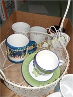 Wire Basket and 7 coffee mugs