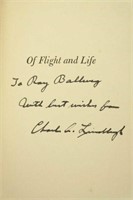 Signed, inscribed: Lindbergh. Of Flight And Life.