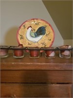 IRON CANDLE STAND AND ROOSTER DECOR PLATE, BOWLS