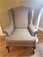 QUEEN ANNE WING BACKED CHAIR, TAUPE AND RED DOT