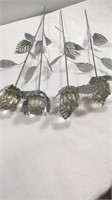 Six decorative metal and glass long stem roses