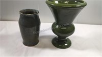 Green ceramic planter and blue ceramic vase