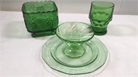 Vaseline glass cup and saucer, green glass candy