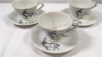 Set of three Chinese horse teacups and saucers