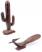 Art Saguaro Cactus & Roadrunner Ironwood Carving