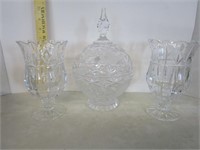 Crystal footed candy dish & 2 nice water goblets